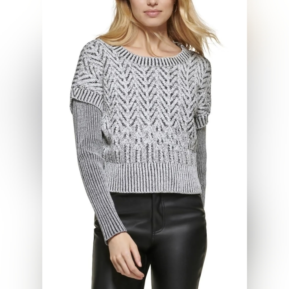 NWT DKNY Jean Texture Herringbone Ribbed Kint Sweater Size L